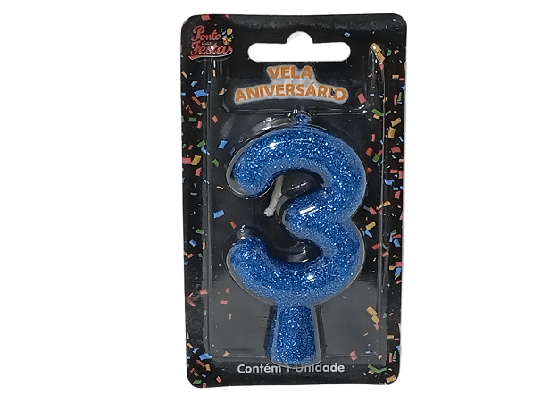 Vela Aniversário Puro Glitter Azul 8cm c/ 1 unid. - Número: 3