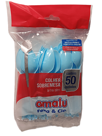 Colher Sobremesa Linha Slim c/ 50 unid. - Azul Claro Sólido - Amalu