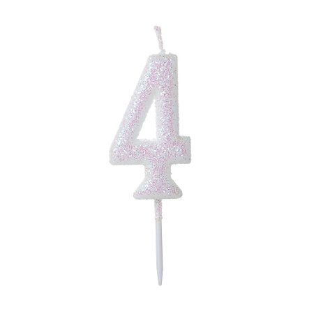 Vela Pequena Branca Glitter Número - 4