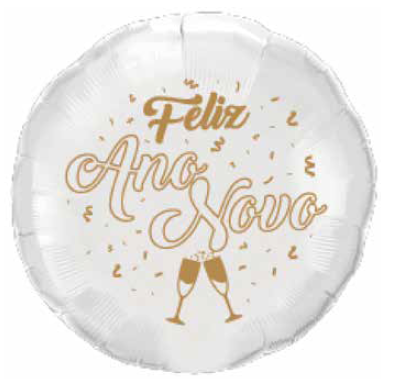 Balão Metalizado Prata 18" 45cm c/ 1 unid. Feliz Ano Novo com Taças