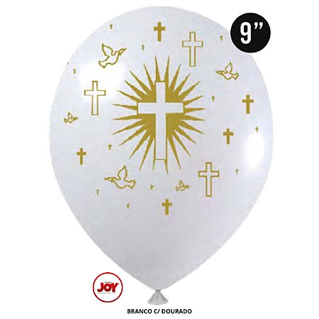 Balão Batismo e Comunhão JOY c/ 25 unid. - Branco e Ouro - 9