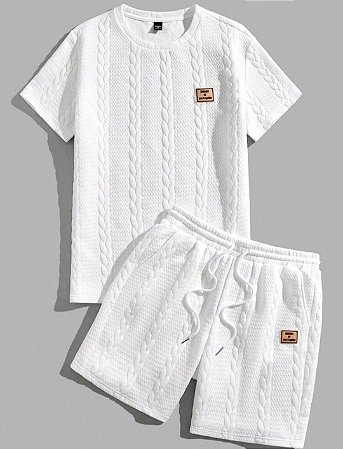 Manfinity Hypemode Conjunto masculino de malha lisa e casual com estampa, composto por camiseta de manga curta e shorts