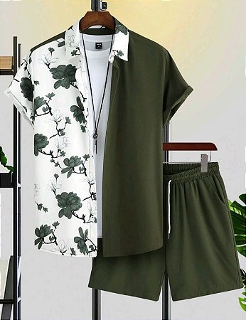 Manfinity RSRT Homens Impressão Floral Camiseta & Cintura Com Cordão Shorts