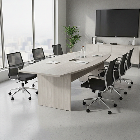 Mesa Reunião Semi Oval 300X120 Com Caixa De Tomada 25mm Fresno/Fresno