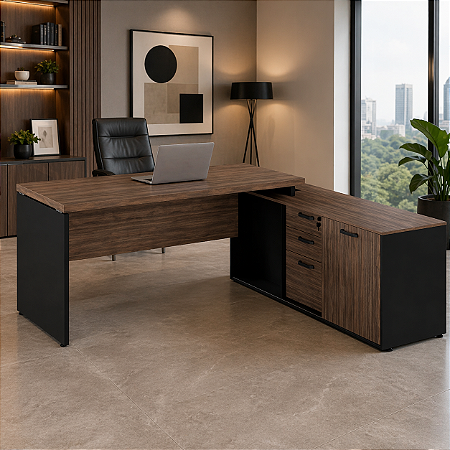 Mesa Diretor com Armário 1 porta 2 Gavetas em L Tampo 40mm Pé Painel