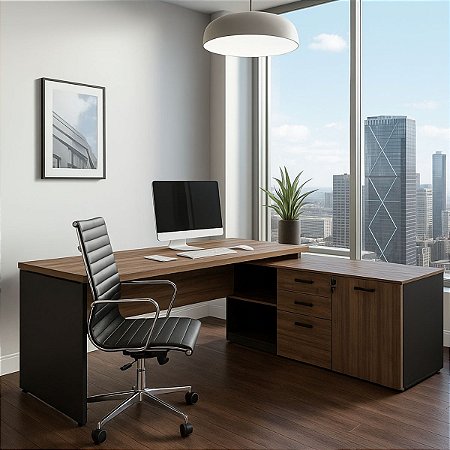 Mesa Diretor de Escritório Tampo 40mm em L 150x170 Armário e Gaveteiro