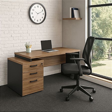 Mesa Diretor com Gaveteiro Pedestal Tampo 40mm 2 Gavetas 1 Pasta Pé Direito