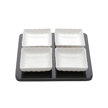 Suporte de madeira com 4 bowls porcelana 20x20x4cm