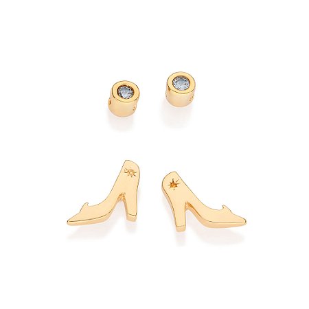 Kit brinco solitário e sapato cinderela banhado a ouro 18k com zircônias - tam.único 5272970003
