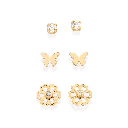Kit brinco borboleta, flor e solitário banhado a ouro 18k com zircônias - tam.único 5272290006