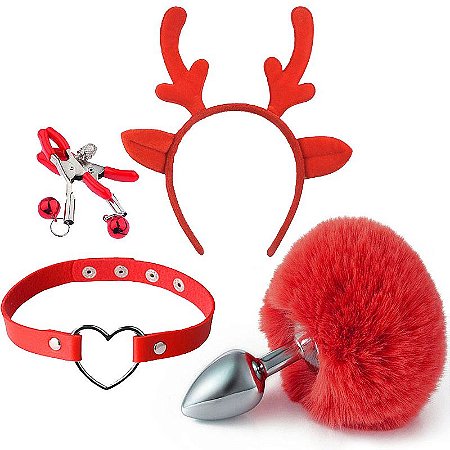 Kit - Rabo de Coelho com Tiara de Orelhas - Grampos para os seios em Metal e Gargantilha
