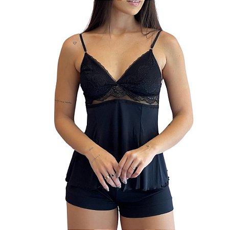 Babydoll de Liganete Vivíssima com Renda Preto