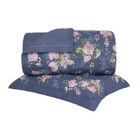 Colcha Casal Percal 180 Fios Buddemeyer Hortênsias 100% Algodão Penteado