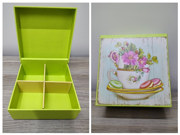 Caixa de chá verde com quatro divisórias decorada com decoupage xícara.