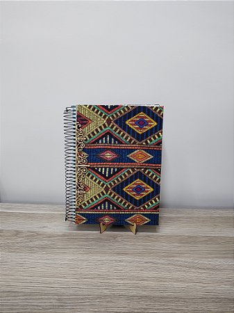 Caderno Personalizado universitário 200 folhas com tecido azul tribal e aplique MDF