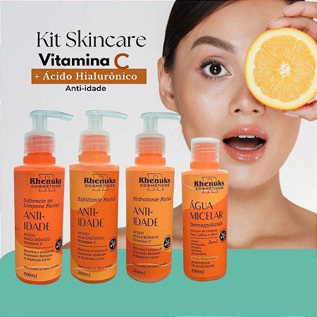 Kit Skincare Vitamina C Anti idade Clareador Limpeza de Pele e Cuidado Facial Completo c/ 4 itens