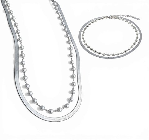 Conjunto Colar Duplo + Pulseira Pérolas