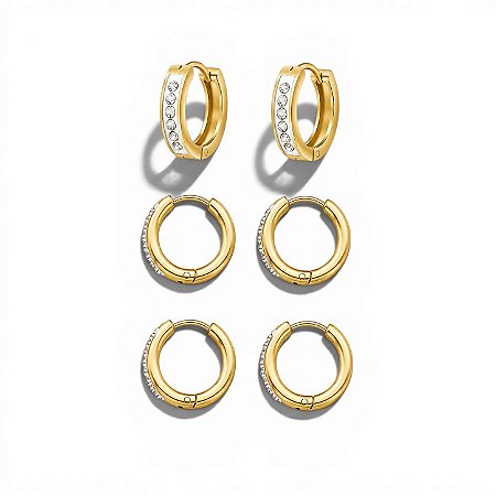 Trio Argolas Shine Cravejadas | Ouro 18k