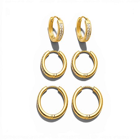 Trio Argola Cravejada e Lisas | Ouro 18k