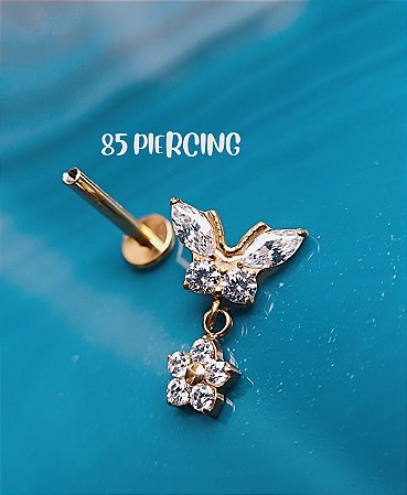 LBT BORBOLETA COM PINGENTE FLOR TITÂNIO GOLD PVD