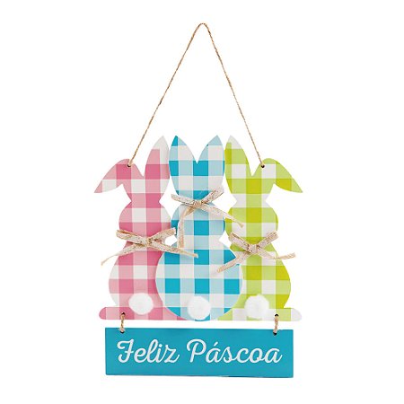 PLACA DECORATIVA DE COELHOS ROS/AZL/VRD 30X18X2CM 1015948