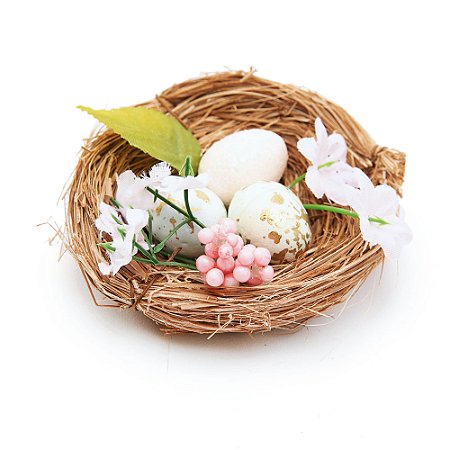 NINHO DECORATIVO COM OVOS E FLORES ROS/BCO 4X9X9CM 1013580