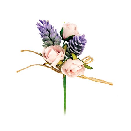 PICK 2 BOTÕES DE ROSAS COM LAVANDA E LAÇO JUTA 11CM 1820556