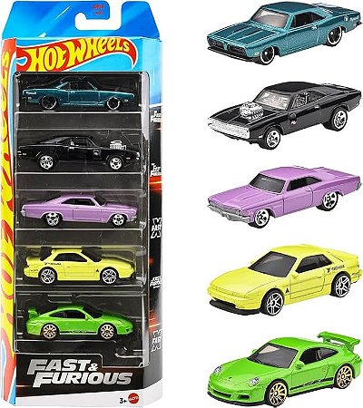 Hot Wheels Pacote com 5 Velozes e Furiosos 2025 (70 Dodge Charger RT, Chevrolet Impala 1966, Porsche 911 Gt3 RS, 68 Plymouth Barracuda Formula S, Nissan Silvia) Multicolorido