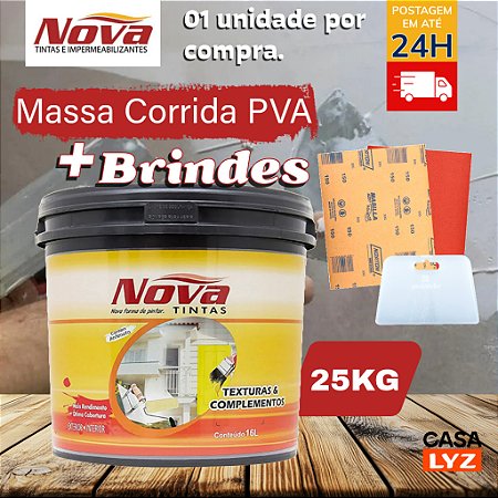 Massa Corrida PVA 25KG + Kit Lixa e Aplicador de Massa Corrige Imperfeições Parede Teto