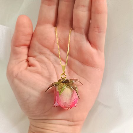 Pingente Fechado Mainha - Rosa Natural Preservada em Resina