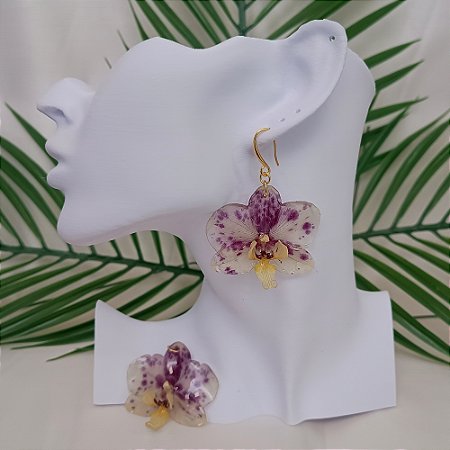 Brinco Longo Alana - Orquídea Natural Preservada em Resina