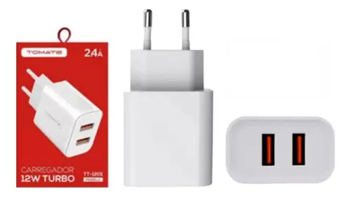 CARREGADOR TURBO COM 2 PORTAS USB 12W TOMATE TT-1201