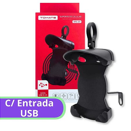 SUPORTE DE CELULAR PARA MOTO COM CARREGADOR 5V 2A TOMATE MTG-251