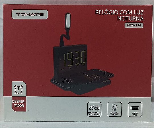 RELOGIO COM LUZ NOTURNA E CARREGADOR POR INDUCAO TOMATE MTG-154