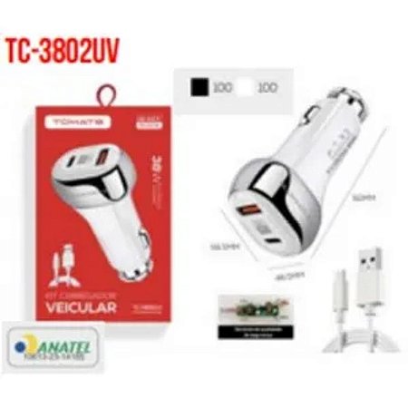 CARREGADOR VEICULAR PARA V8 COM PORTA USB E TYPE-C 38W TC-3802UV