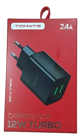 CARREGADOR TURBO COM 2 PORTAS USB 12W 2.4A TOMATE TT-1202
