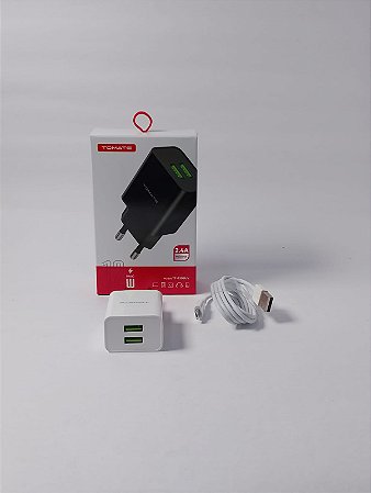 CARREGADOR PARA V8 TURBO COM 2 PORTAS USB 12W 2.4A TOMATE TT-1202UV