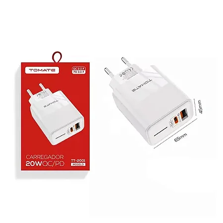 CARREGADOR TURBO COM PORTA USB E USB-C 20W TOMATE TT-2001