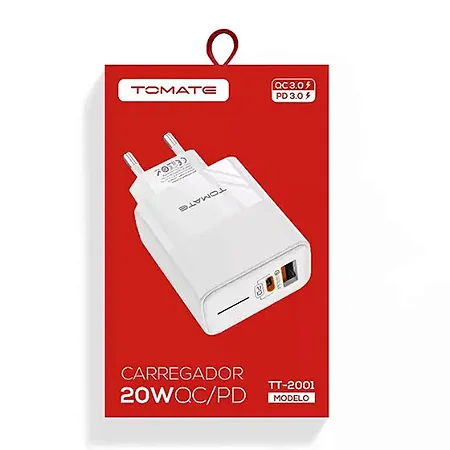 CARREGADOR TURBO COM PORTA USB E USB-C 20W TOMATE TT-2001