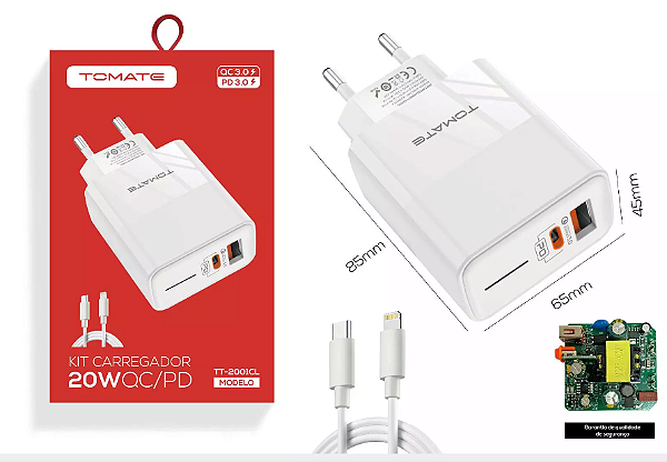 CARREGADOR TYPE-C PARA IPHONE COM 1 PORTA USB E TYPE-C 20W TOMATE TT-2001CL