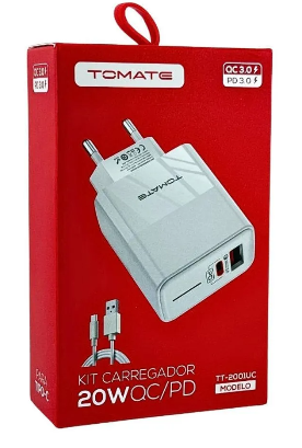 CARREGADOR TYPE-C COM  PORTA USB E TYPE-C 20W TOMATE TT-2001UC