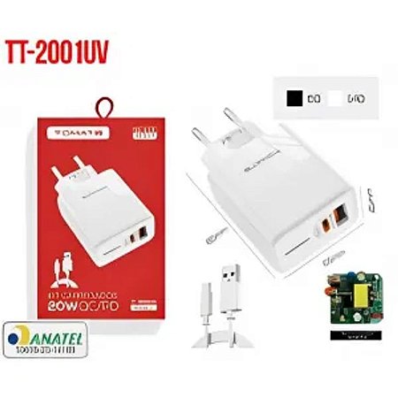 CARREGADOR V8 COM PORTA USB E TYPE-C 20W TOMATE TT-2001UV