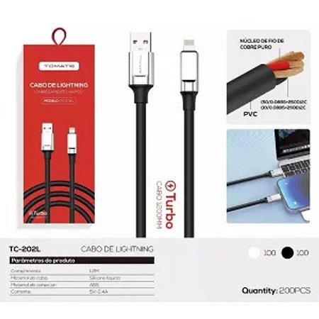CABO DE DADOS TURBO USB PARA IPHONE 1.2M 5V 2.4A TOMATE TC-202L