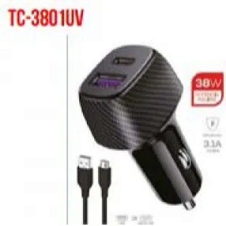 CARREGADOR VEICULAR PARA V8 COM PORTA USB E TYPE-C 38W TOMATE TC-3801UV