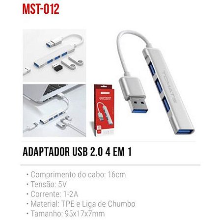 HUB COM 4 PORTAS USB 2.0 TOMATE MST-012