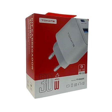KIT CARREGADOR TURBO 1 TYPE-C  1 USB 30W TOMATE TT-3022C