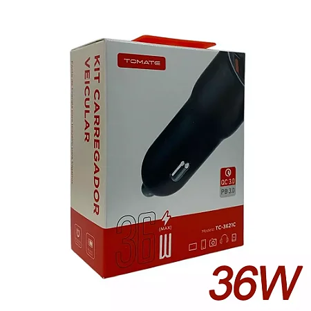 KIT CARREGADOR VEICULAR TURBO 2 USB 36W TOMATE TC-3621C