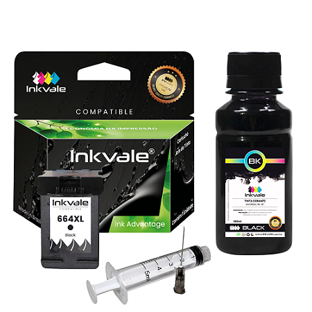 Cartucho Compatível Inkvale Impressora HP 664xl 664 XL Preto + Kit Recarga 100ml Tinta