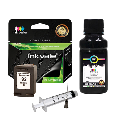 Cartucho Compatível Inkvale Impressora HP 92 Preto + Kit Recarga 100ml Tinta