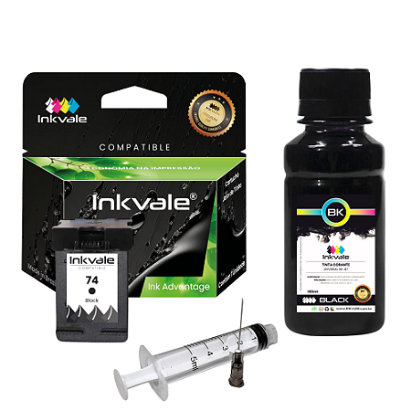 Cartucho Compatível Inkvale Impressora HP 74 Preto + Kit Recarga 100ml Tinta